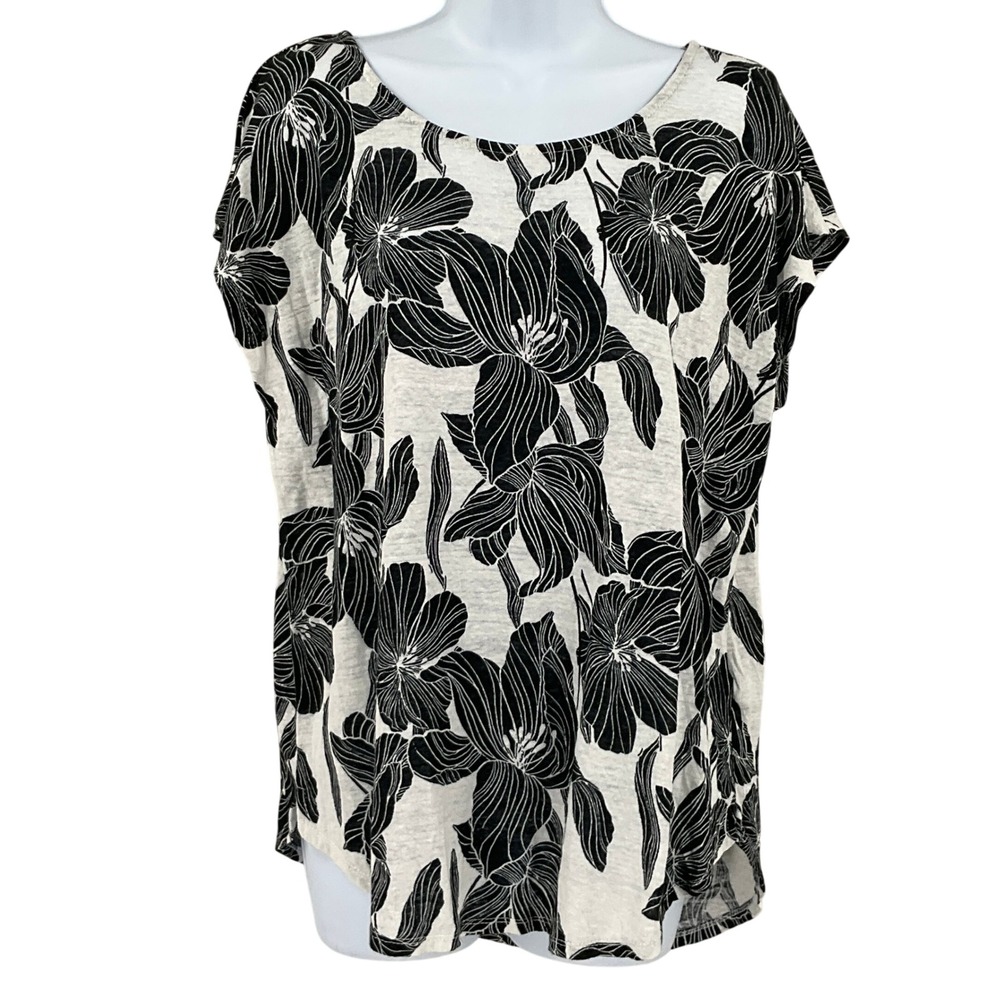 Tahari Womens XL 100% Linen Floral Lily Scoop Neck Cap Sleeve Top Black White